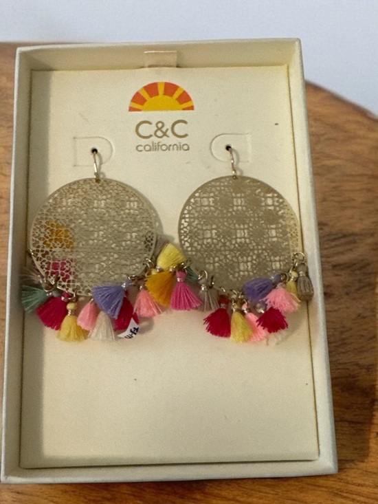 C&C California Jewelry - C&C California Gold Filigree Hoop Earrings with Multicolor Tassels
